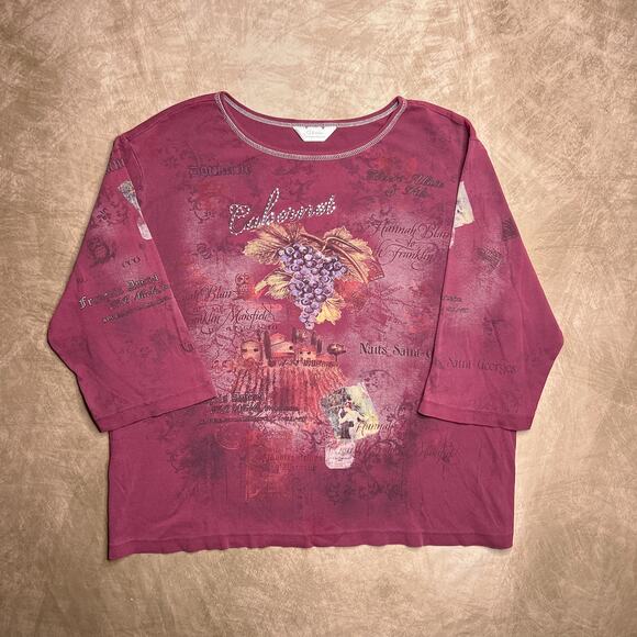 CJ Banks Vintage Y2K Cabernet Wine Vineyard Rhinestone Shirt 3/4 Sleeve Burgundy - Picture 1 of 7